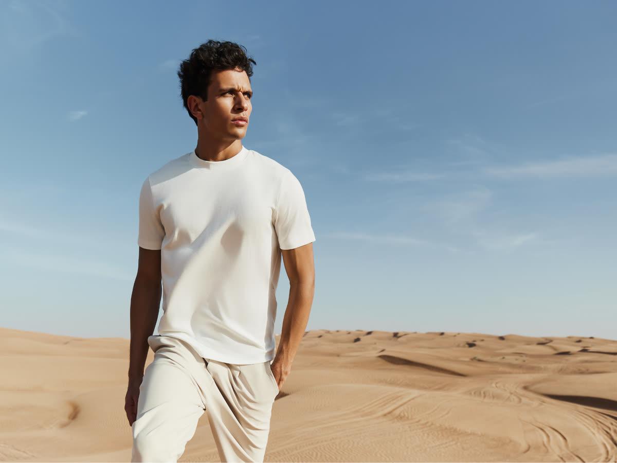 Model in a white Maen Donati tee in the desert