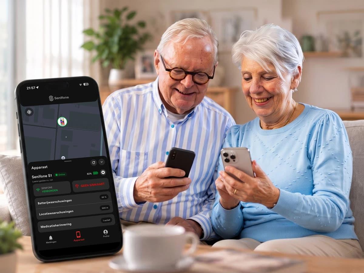 Senior couple using smartphones beside the Senifone Companion App