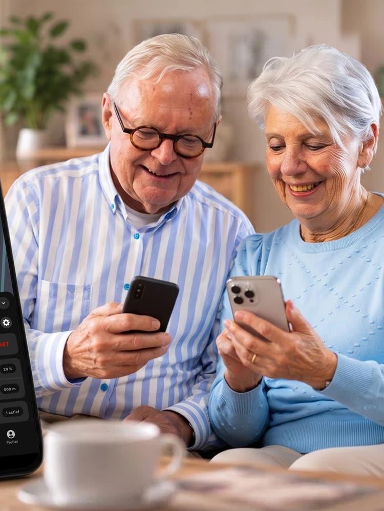 Senior couple smiling at their smartphones on a sofa