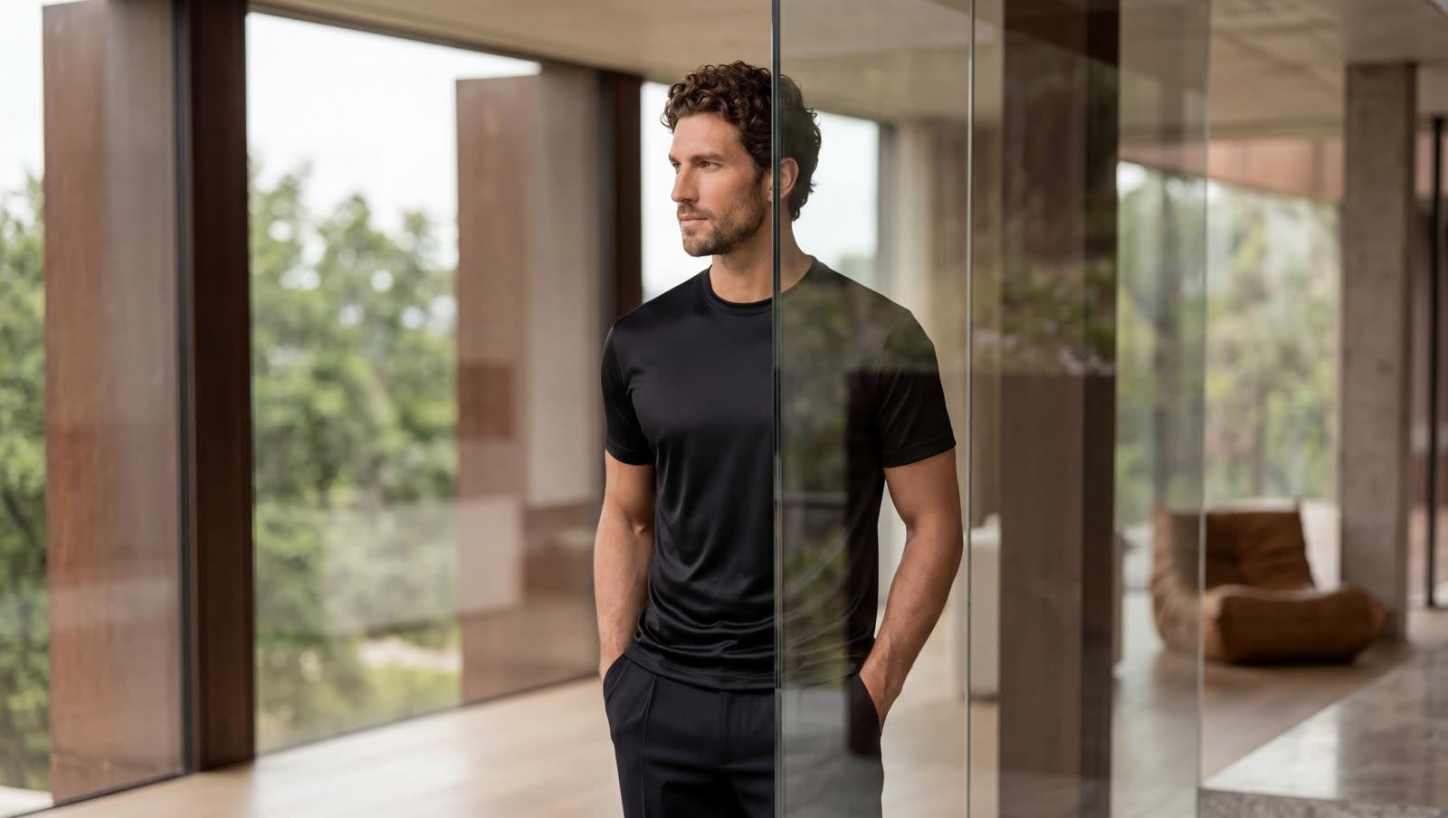 Model in a black Maen Donati tee standing by floor-to-ceiling windows in a stone interior